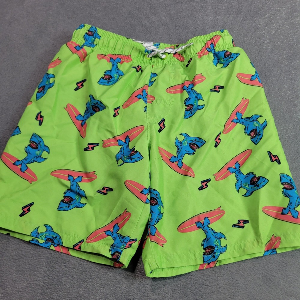 Wonder Nation Swim Trunk Boys M 8 Neon Green Surfing Shark Lightning Bolt Summer